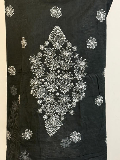 Riva - Kurta Material with Dupatta in Black Kota with White Chikankari Work