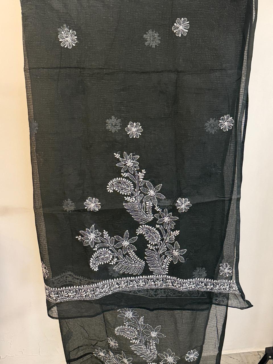 Riva - Kurta Material with Dupatta in Black Kota with White Chikankari Work