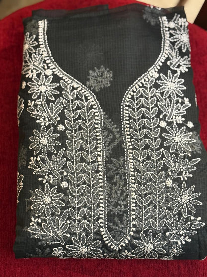 Riva - Kurta Material with Dupatta in Black Kota with White Chikankari Work