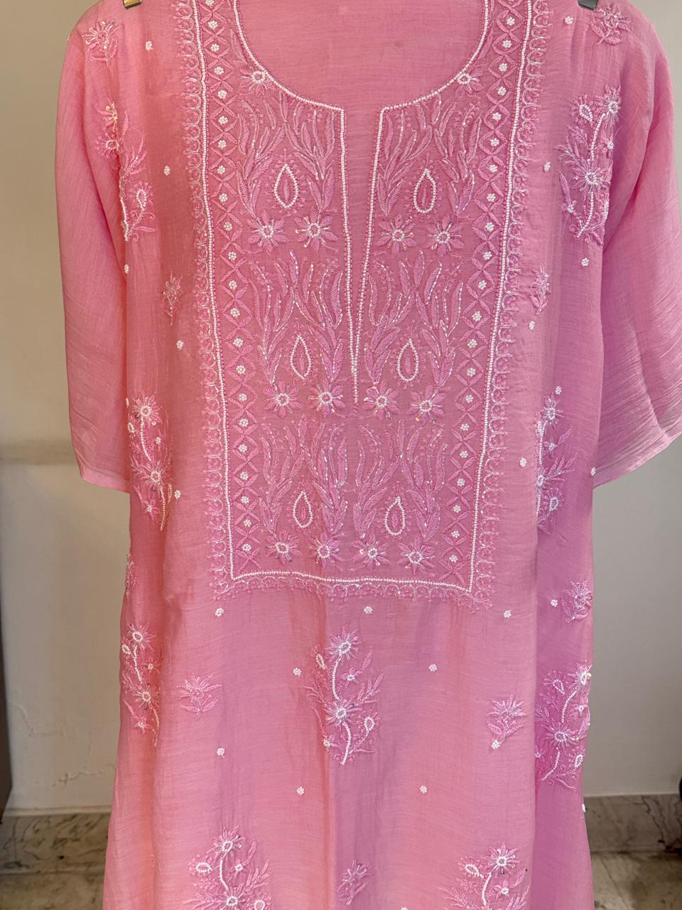 Aanya - Kurta Material with Dupatta in Baby Pink Mul Chanderi with Pearl and Sequin Work(Unstitched)