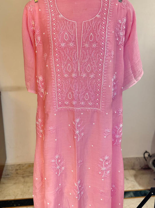 Aanya - Kurta Material with Dupatta in Baby Pink Mul Chanderi with Pearl and Sequin Work(Unstitched)