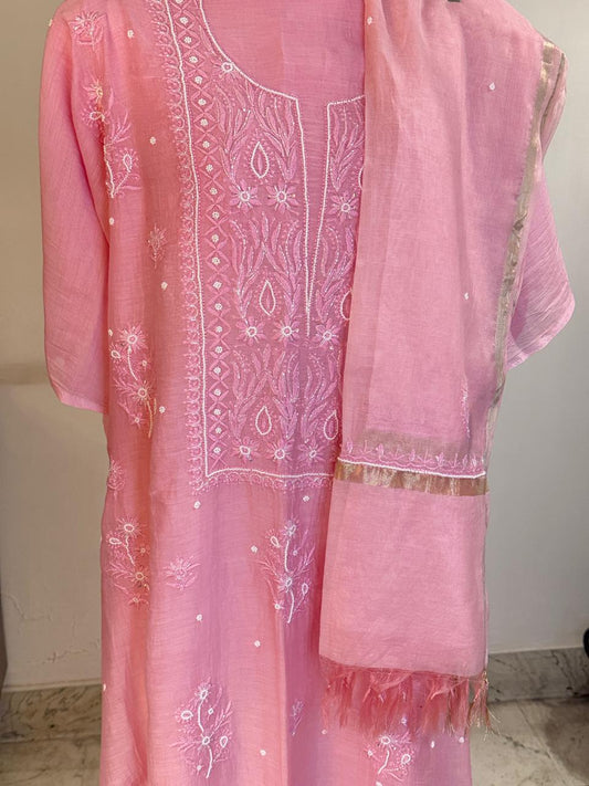 Aanya - Kurta Material with Dupatta in Baby Pink Mul Chanderi with Pearl and Sequin Work(Unstitched)