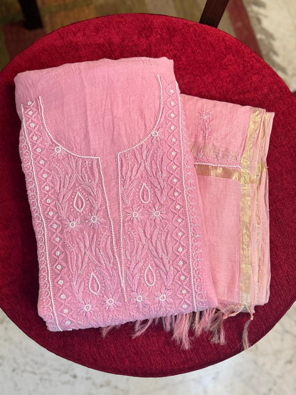 Aanya - Kurta Material with Dupatta in Baby Pink Mul Chanderi with Pearl and Sequin Work(Unstitched)