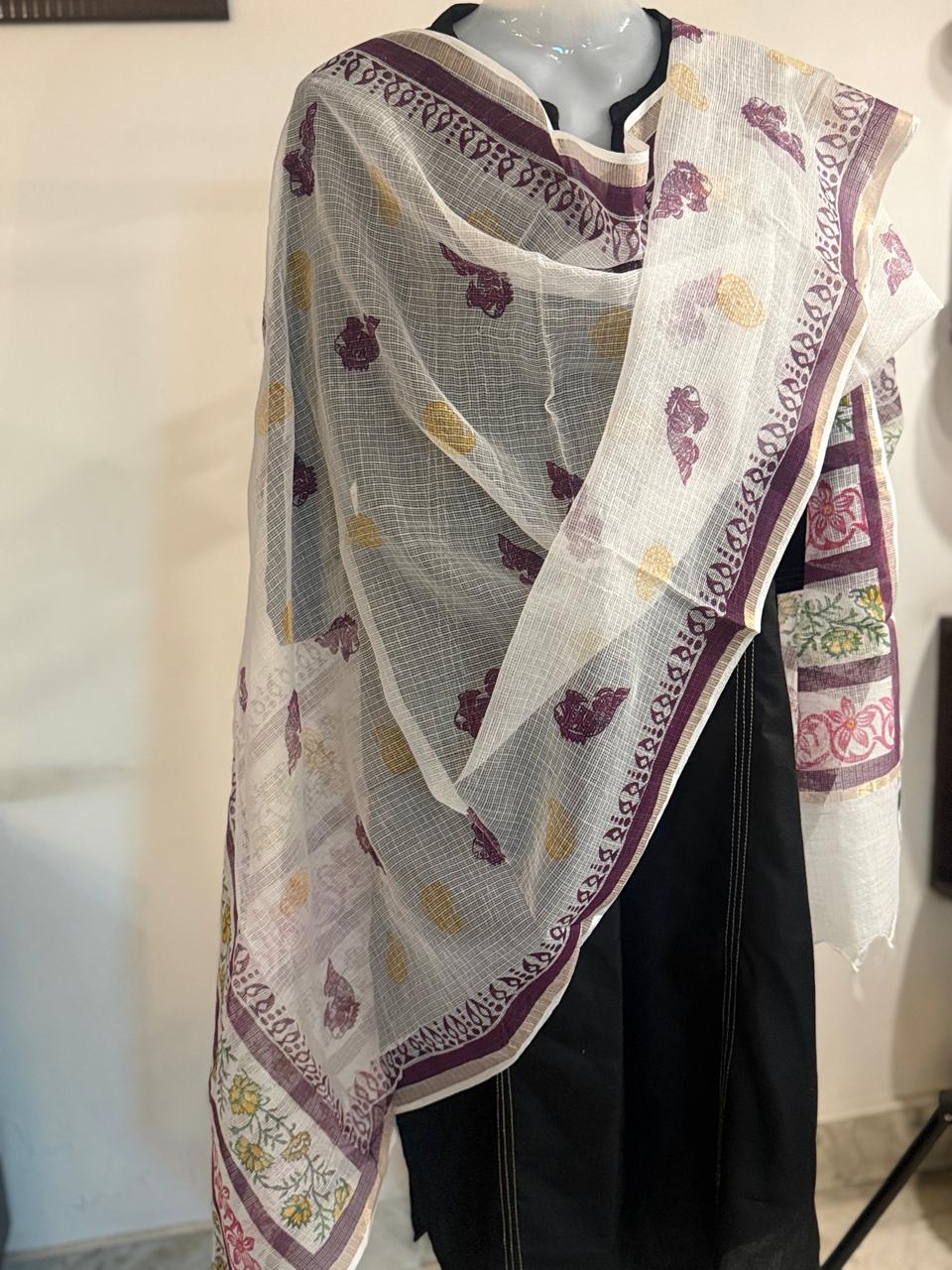 Minakshi - Hand Block Printed White Kota Doria with Purple fish motifs