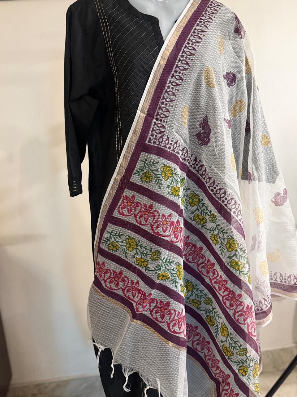 Minakshi - Hand Block Printed White Kota Doria with Purple fish motifs