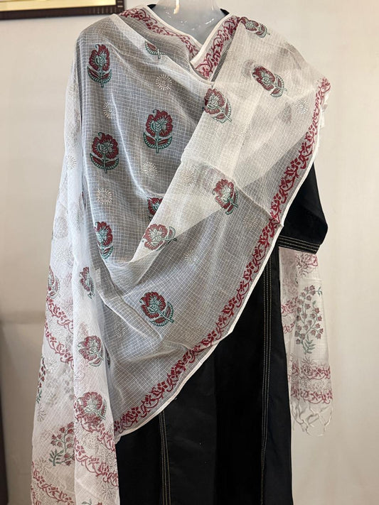 Surbhi - White Kota Doria with Red and Green Floral hand block print