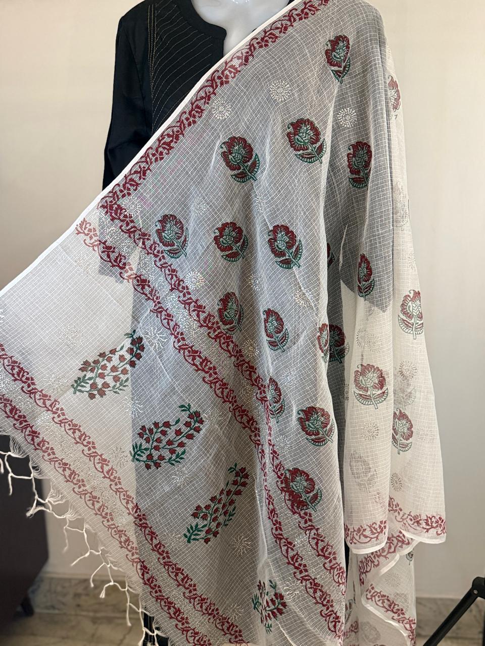 Surbhi - White Kota Doria with Red and Green Floral hand block print