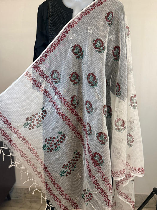Surbhi - White Kota Doria with Red and Green Floral hand block print