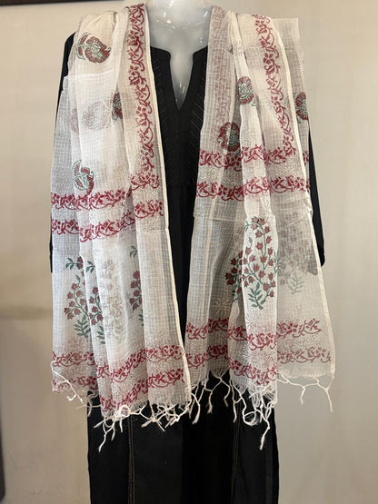 Surbhi - White Kota Doria with Red and Green Floral hand block print