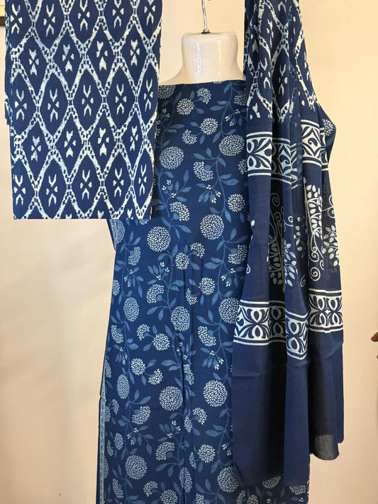 Blue Meadow – Indigo Cotton Suit Set (Bagru Print)