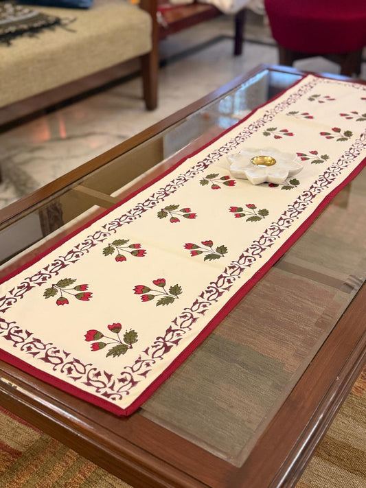 Kriti - Hand Block Print Coffee Table Runner with red border piping (12"x44")