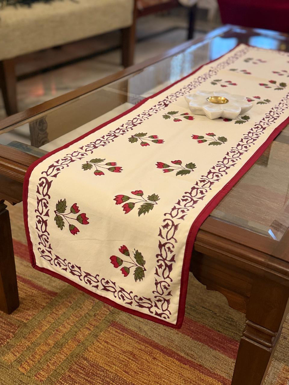 Kriti - Hand Block Print Coffee Table Runner with red border piping (12"x44")