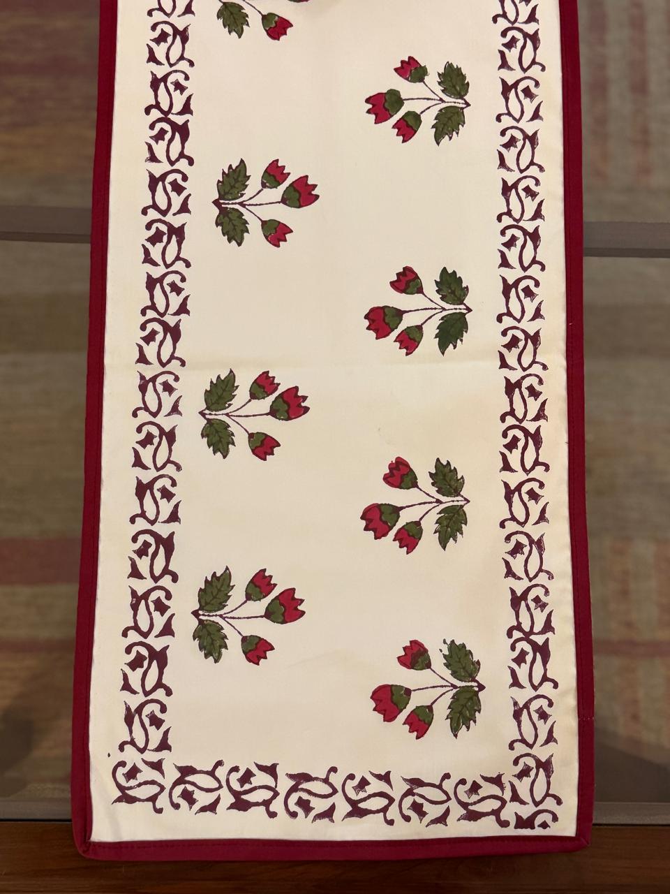 Kriti - Hand Block Print Coffee Table Runner with red border piping (12"x44")