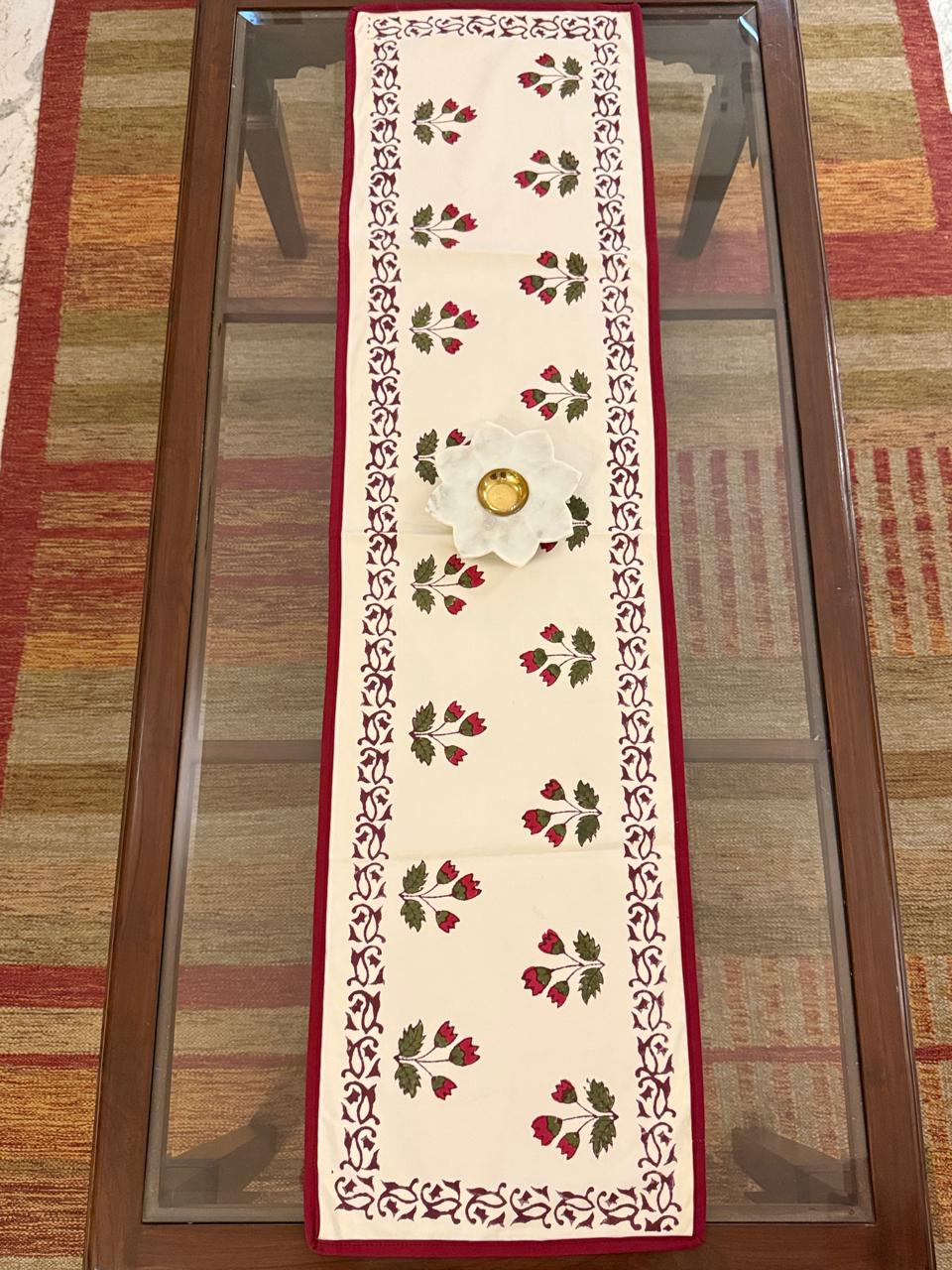 Kriti - Hand Block Print Coffee Table Runner with red border piping (12"x44")