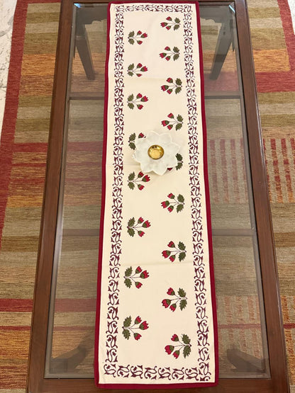 Kriti - Hand Block Print Coffee Table Runner with red border piping (12"x44")