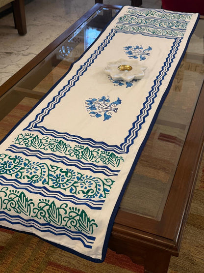 Nilaya - Hand Block Print Table Runner with blue border piping (15"x48")