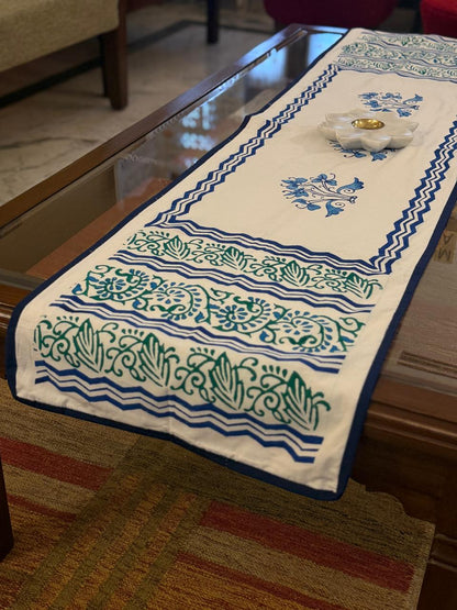Nilaya - Hand Block Print Table Runner with blue border piping (15"x48")
