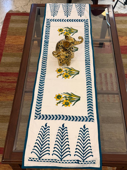 Tanvi - Hand Block Print Table Runner with cyan border piping (15"x48")