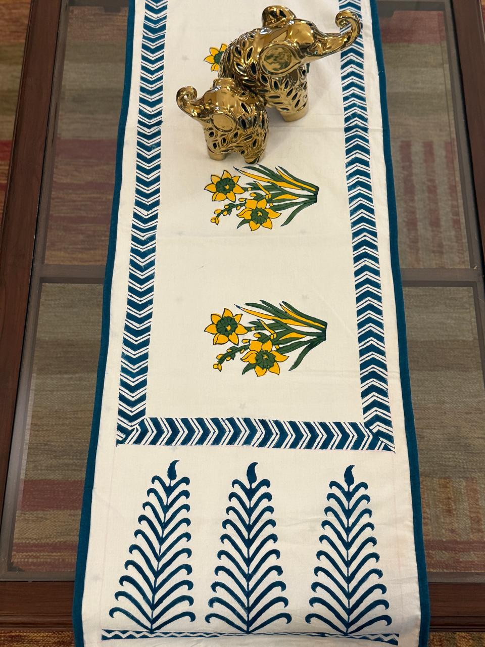 Tanvi - Hand Block Print Table Runner with cyan border piping (15"x48")