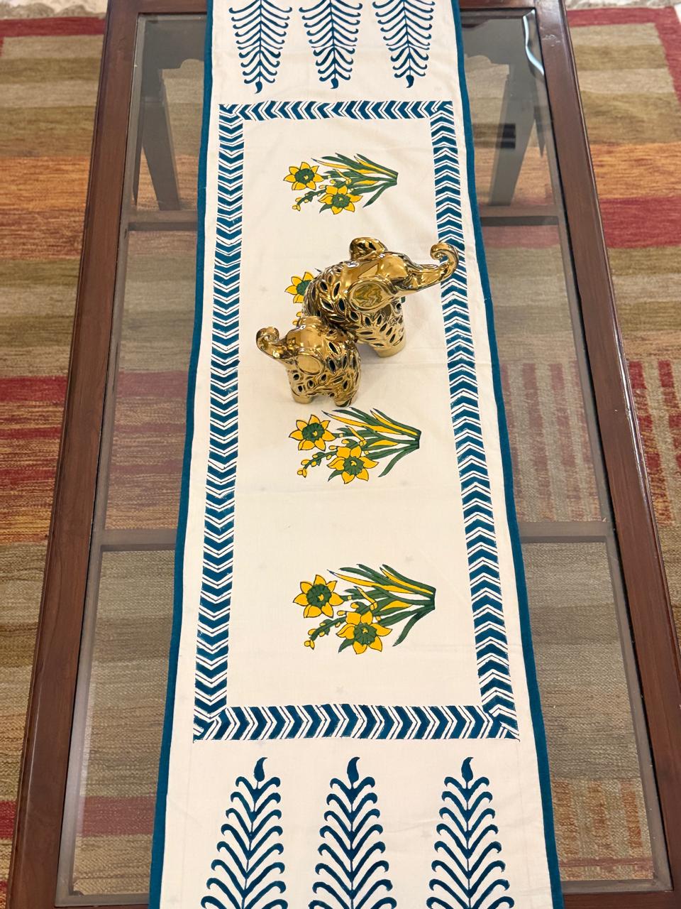 Tanvi - Hand Block Print Table Runner with cyan border piping (15"x48")