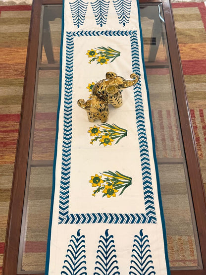 Tanvi - Hand Block Print Table Runner with cyan border piping (15"x48")