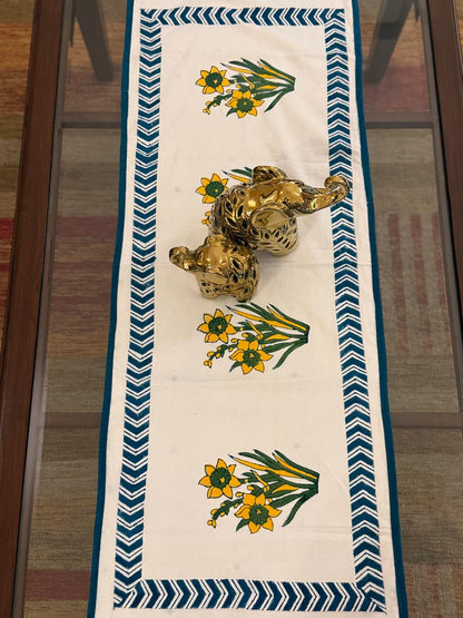 Tanvi - Hand Block Print Table Runner with cyan border piping (15"x48")