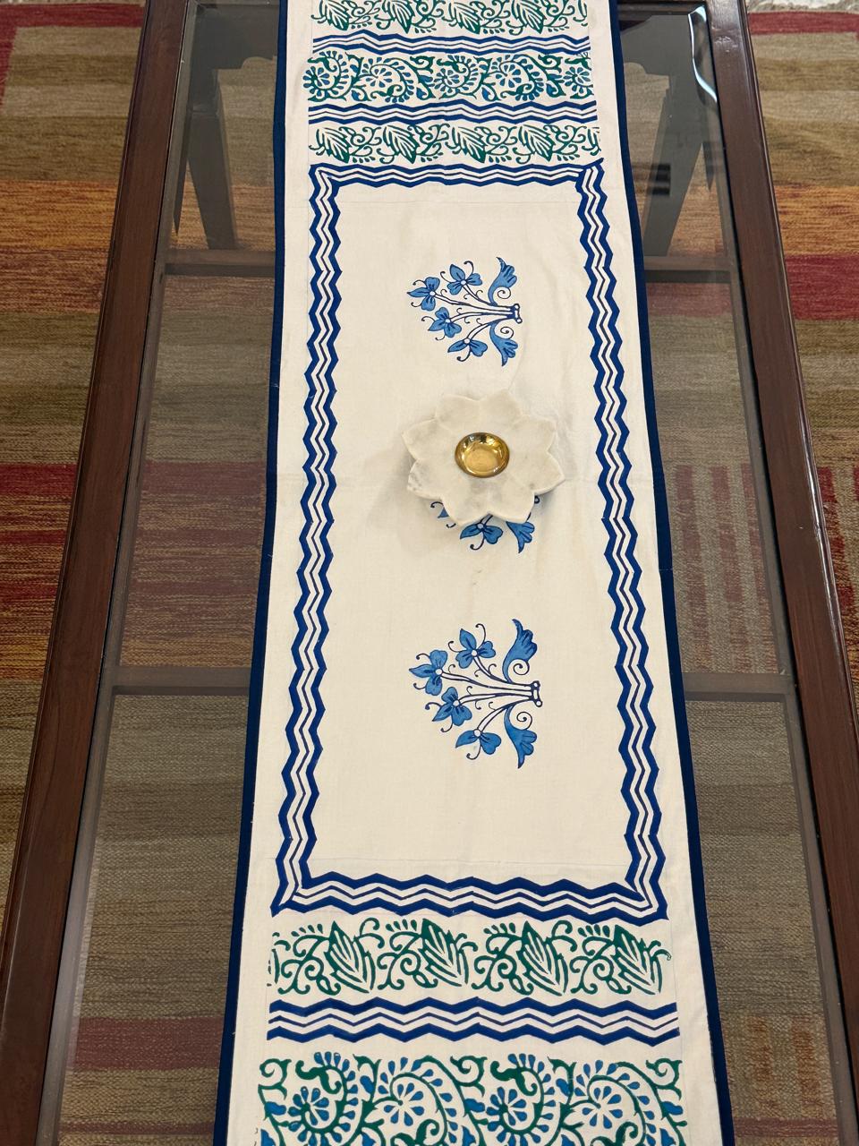 Nilaya - Hand Block Print Table Runner with blue border piping (15"x48")