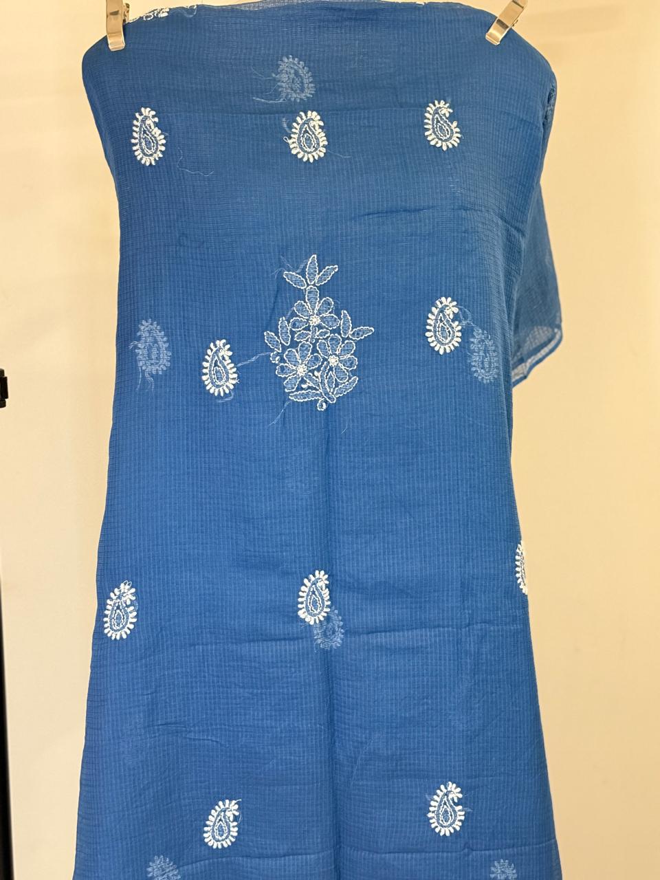 Neelima  - Kurta Material with Dupatta in Blue Kota with White Chikankari Work