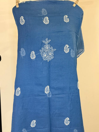 Neelima  - Kurta Material with Dupatta in Blue Kota with White Chikankari Work