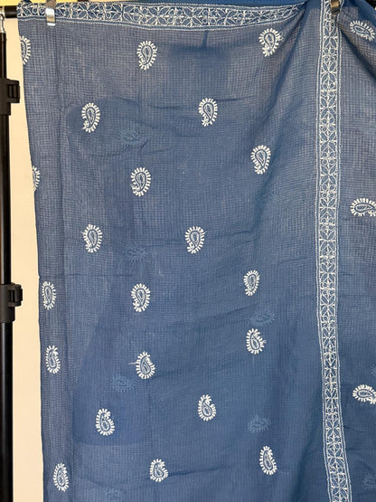 Neelima  - Kurta Material with Dupatta in Blue Kota with White Chikankari Work