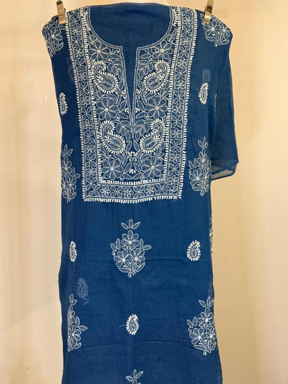 Neelima  - Kurta Material with Dupatta in Blue Kota with White Chikankari Work