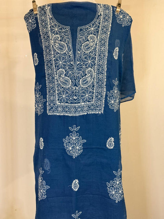 Neelima  - Kurta Material with Dupatta in Blue Kota with White Chikankari Work