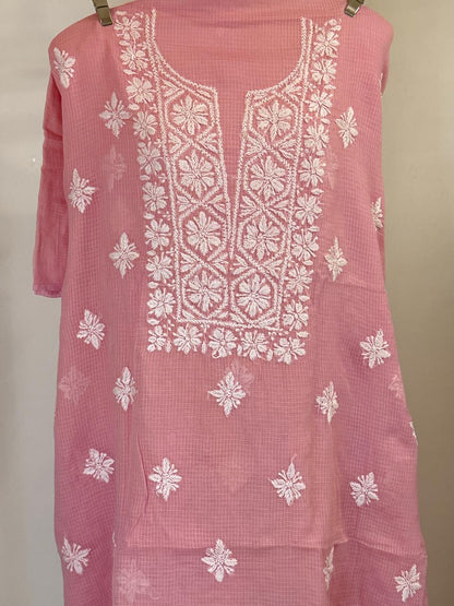 Gullika - Kurta Material with Dupatta in Pink Kota with White Chikankari Work
