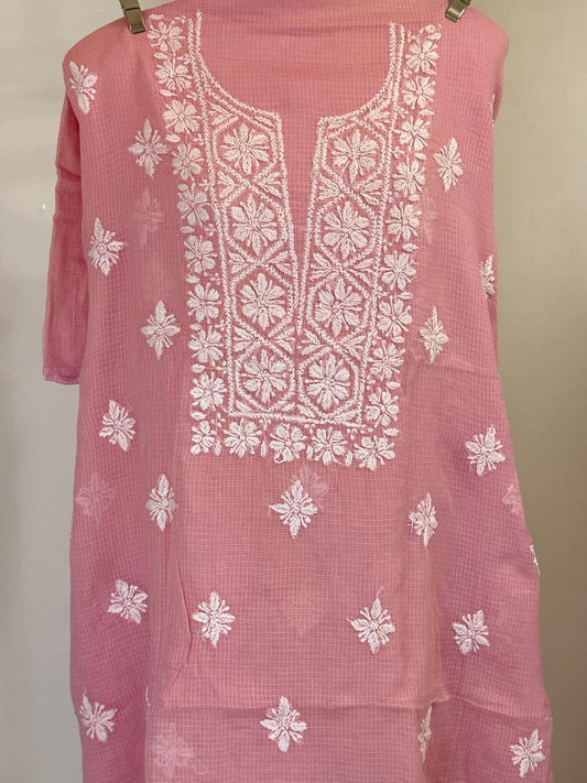 Gullika - Kurta Material with Dupatta in Pink Kota with White Chikankari Work