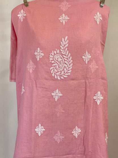 Gullika - Kurta Material with Dupatta in Pink Kota with White Chikankari Work