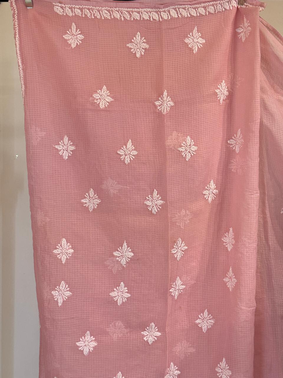 Gullika - Kurta Material with Dupatta in Pink Kota with White Chikankari Work