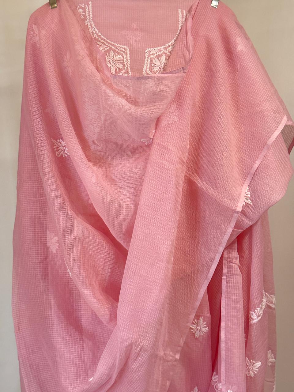 Gullika - Kurta Material with Dupatta in Pink Kota with White Chikankari Work