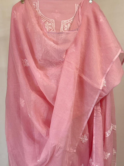 Gullika - Kurta Material with Dupatta in Pink Kota with White Chikankari Work