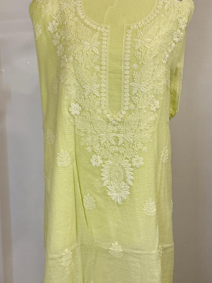 Amaltas - Kurta Material with Dupatta in Lemon Yellow Kota with White Chikankari Work