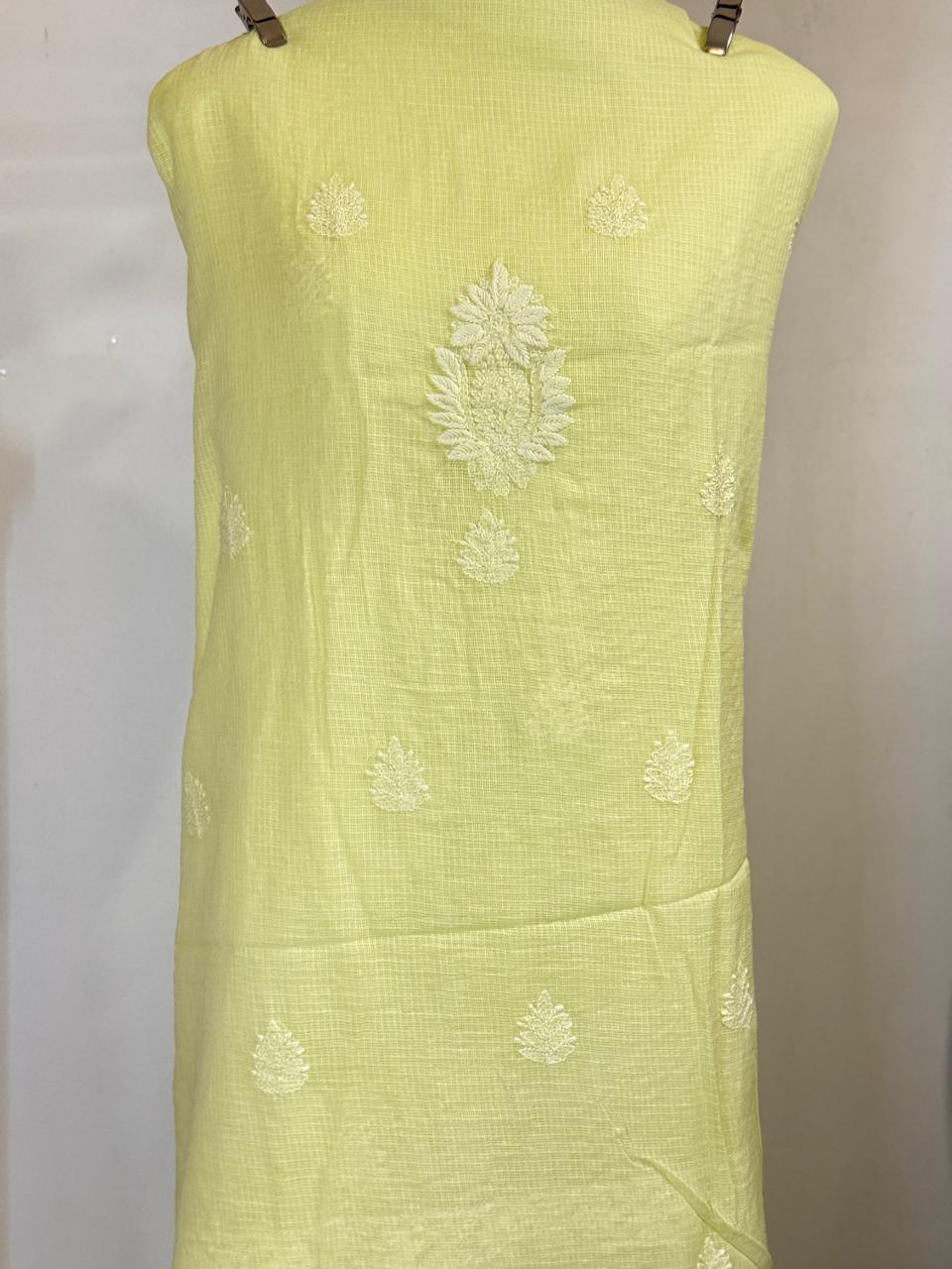 Amaltas - Kurta Material with Dupatta in Lemon Yellow Kota with White Chikankari Work