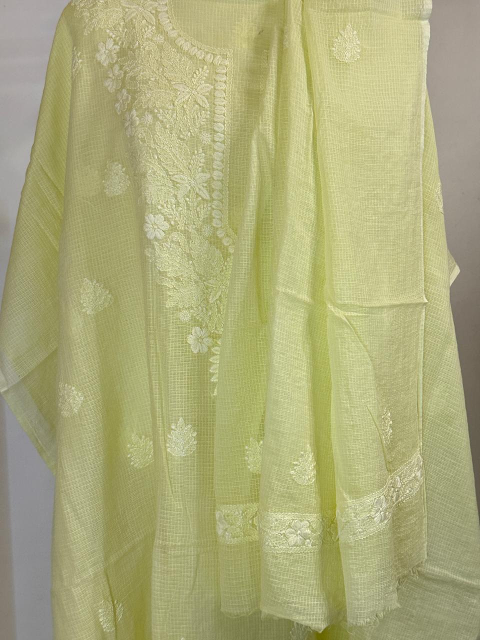 Amaltas - Kurta Material with Dupatta in Lemon Yellow Kota with White Chikankari Work