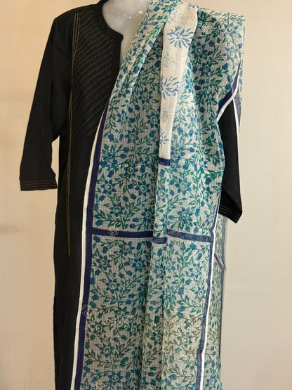 Varnika - Hand Block Printed White Kota Doria with Blue Florals