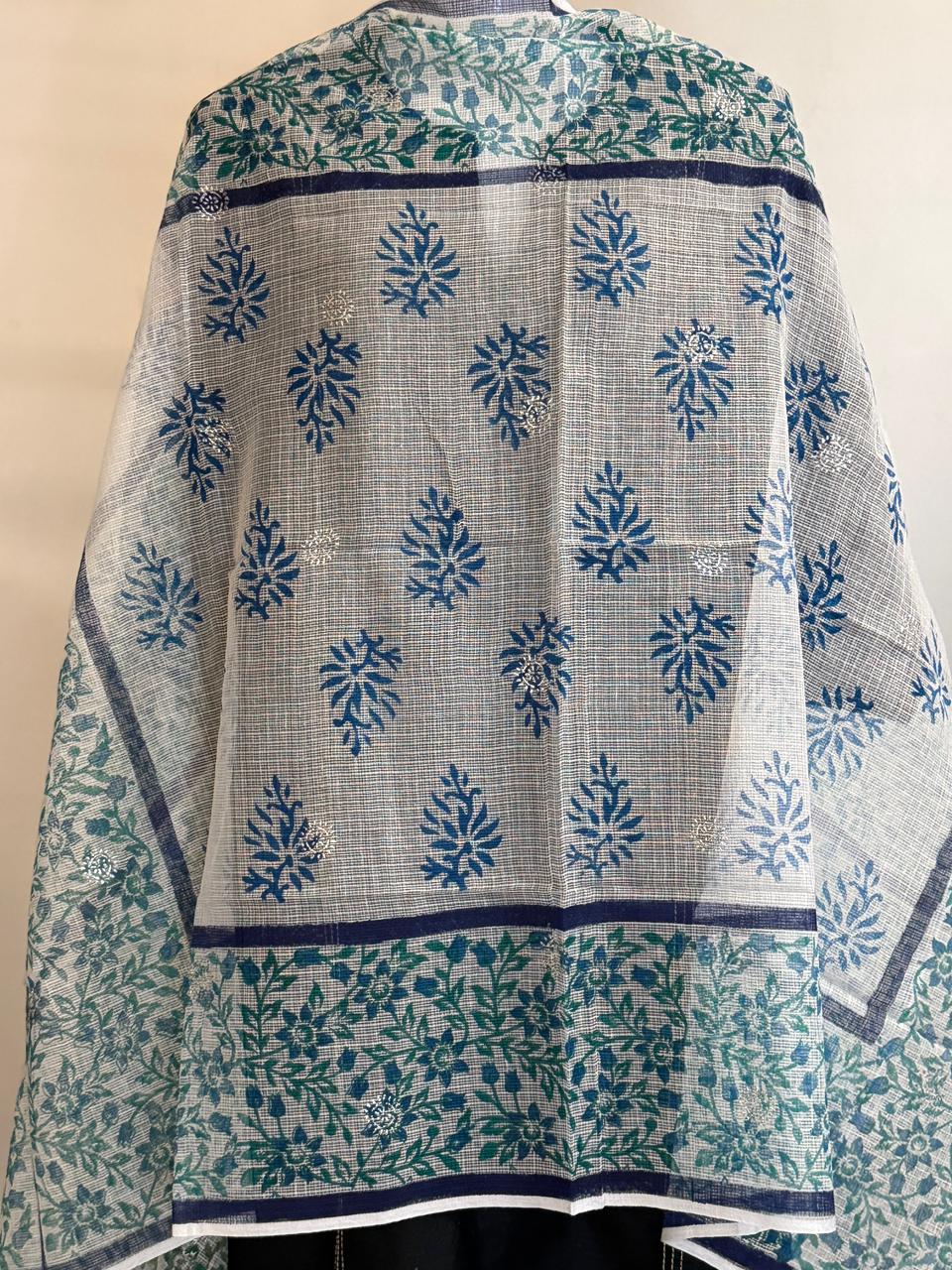 Varnika - Hand Block Printed White Kota Doria with Blue Florals