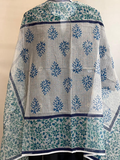 Varnika - Hand Block Printed White Kota Doria with Blue Florals