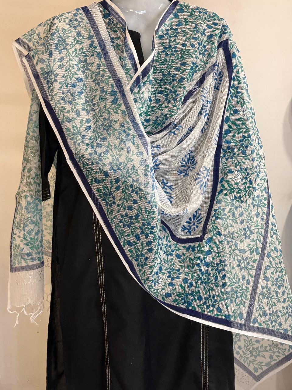 Varnika - Hand Block Printed White Kota Doria with Blue Florals
