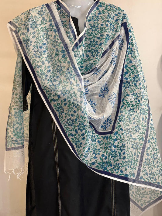 Varnika - Hand Block Printed White Kota Doria with Blue Florals
