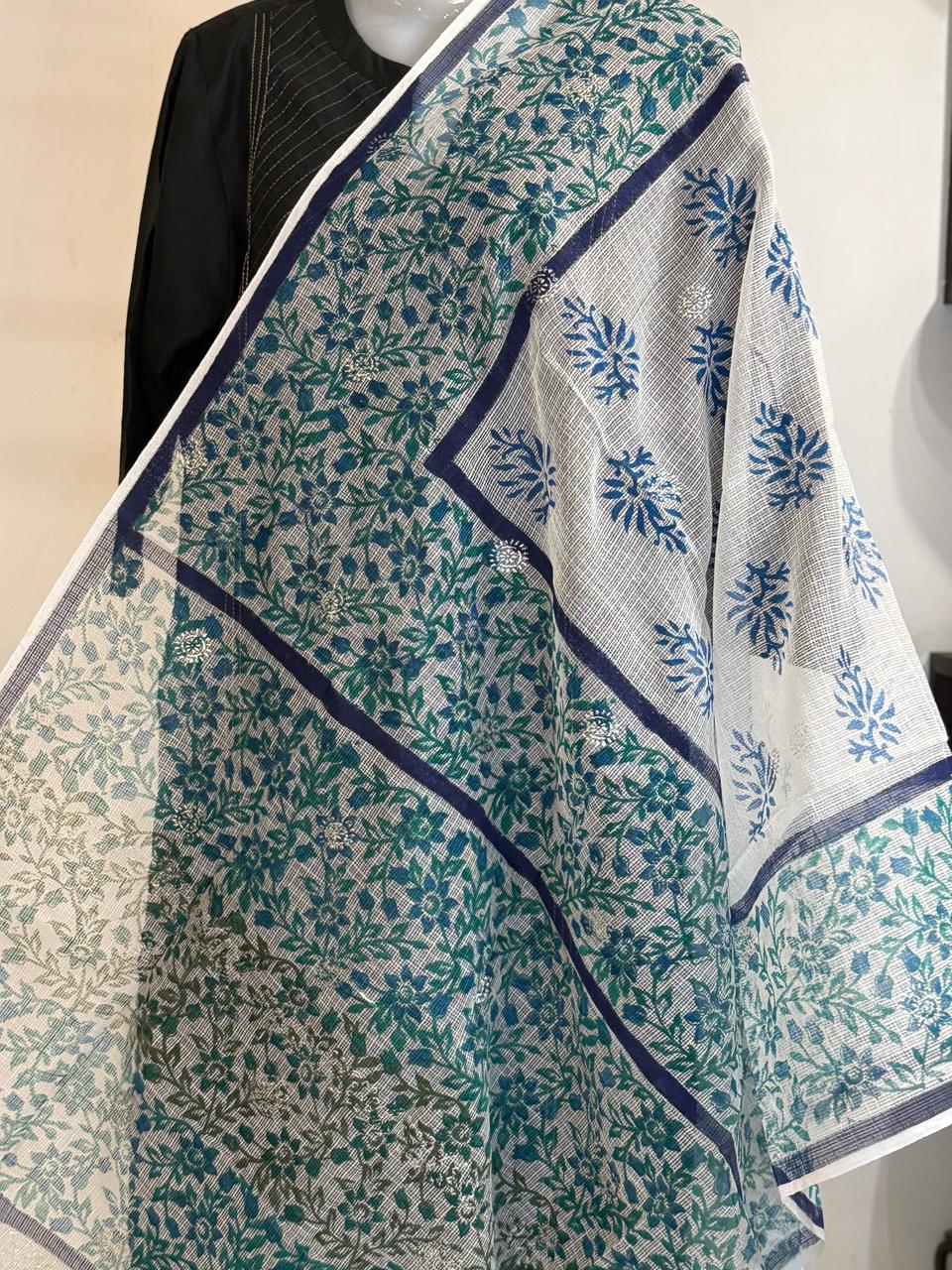 Varnika - Hand Block Printed White Kota Doria with Blue Florals
