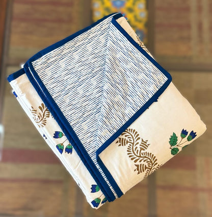 Azure Dreams - White Reversible Hand Block Printed Single Dohar