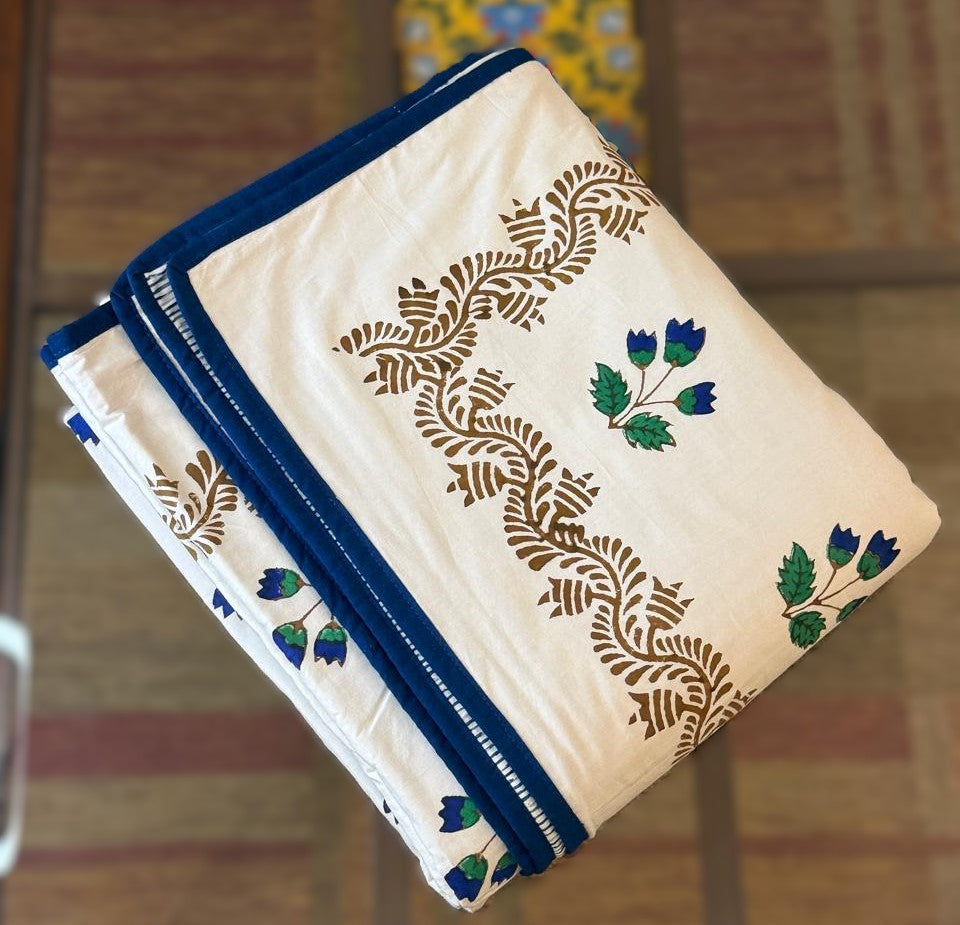 Azure Dreams - White Reversible Hand Block Printed Single Dohar