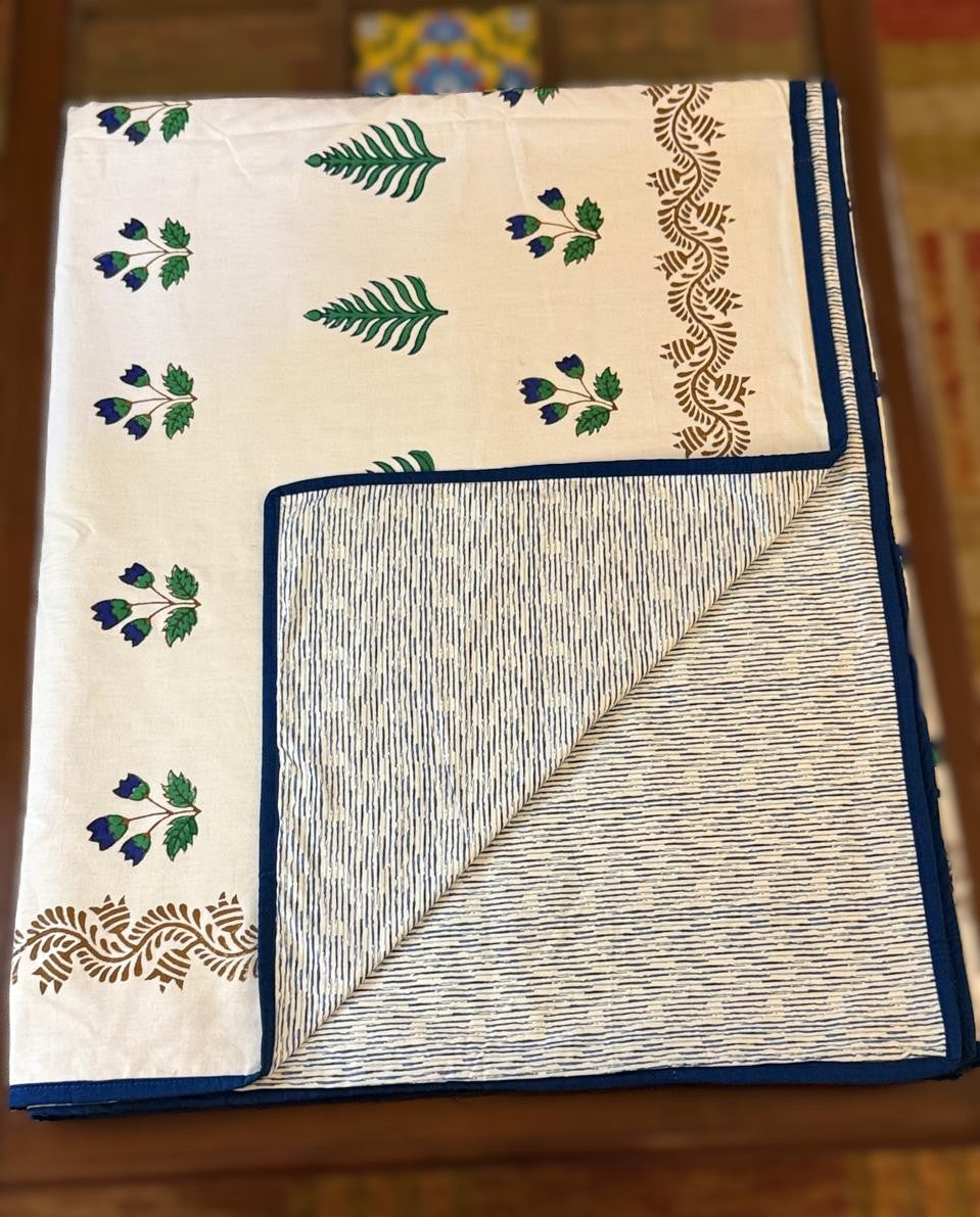 Azure Dreams - White Reversible Hand Block Printed Single Dohar